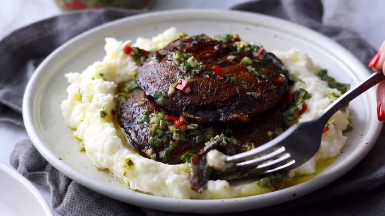 Grilled Chimichurri Portobellos with Goat Cheese Mashed Potatoes